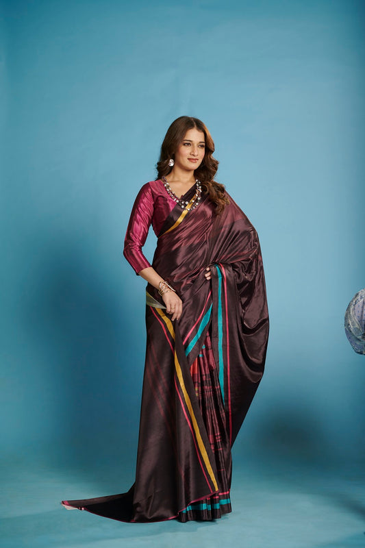 RTWKRYSTAL 1104 - Premium Digital Print Rtw Saree, Stitched Blouse With Scarf Crepe Silk Saree (Wine) - View 2
