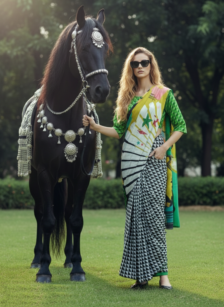 3ISO-04 - Rtw Saree, Stitched Blouse With Scarf (Green) - View 7