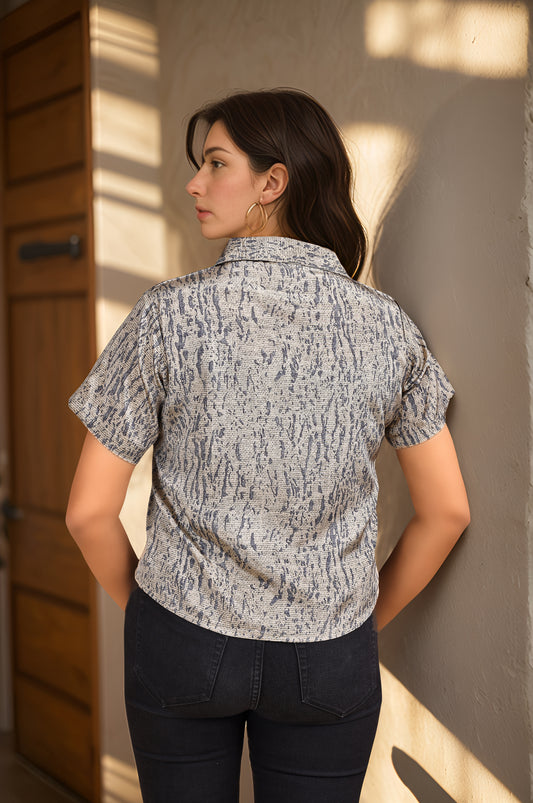 MONA 02 - Women's Crepe Short Sleeves Office Wear Shirt (Grey) - View 2
