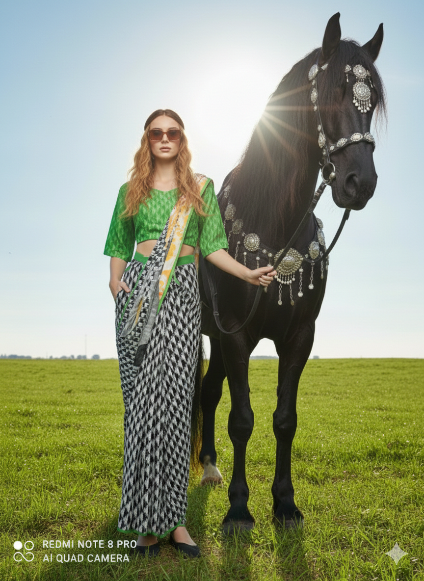 3ISO-10 - Rtw Saree, Stitched Blouse With Scarf (Green) - View 7