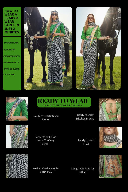 3ISO-10 - Rtw Saree, Stitched Blouse With Scarf (Green) - View 2