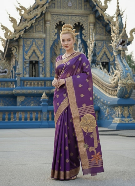 ETHNIC HISO-4 - Ready To Wear Jacquard Silk Saree And Ready To Wear Blouse With Cup (Purple) - View 2