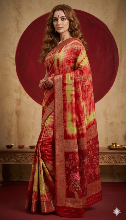 SHIBANNI 3302 - Women's Viscose Jacquard Silk Saree (Red) - View 2