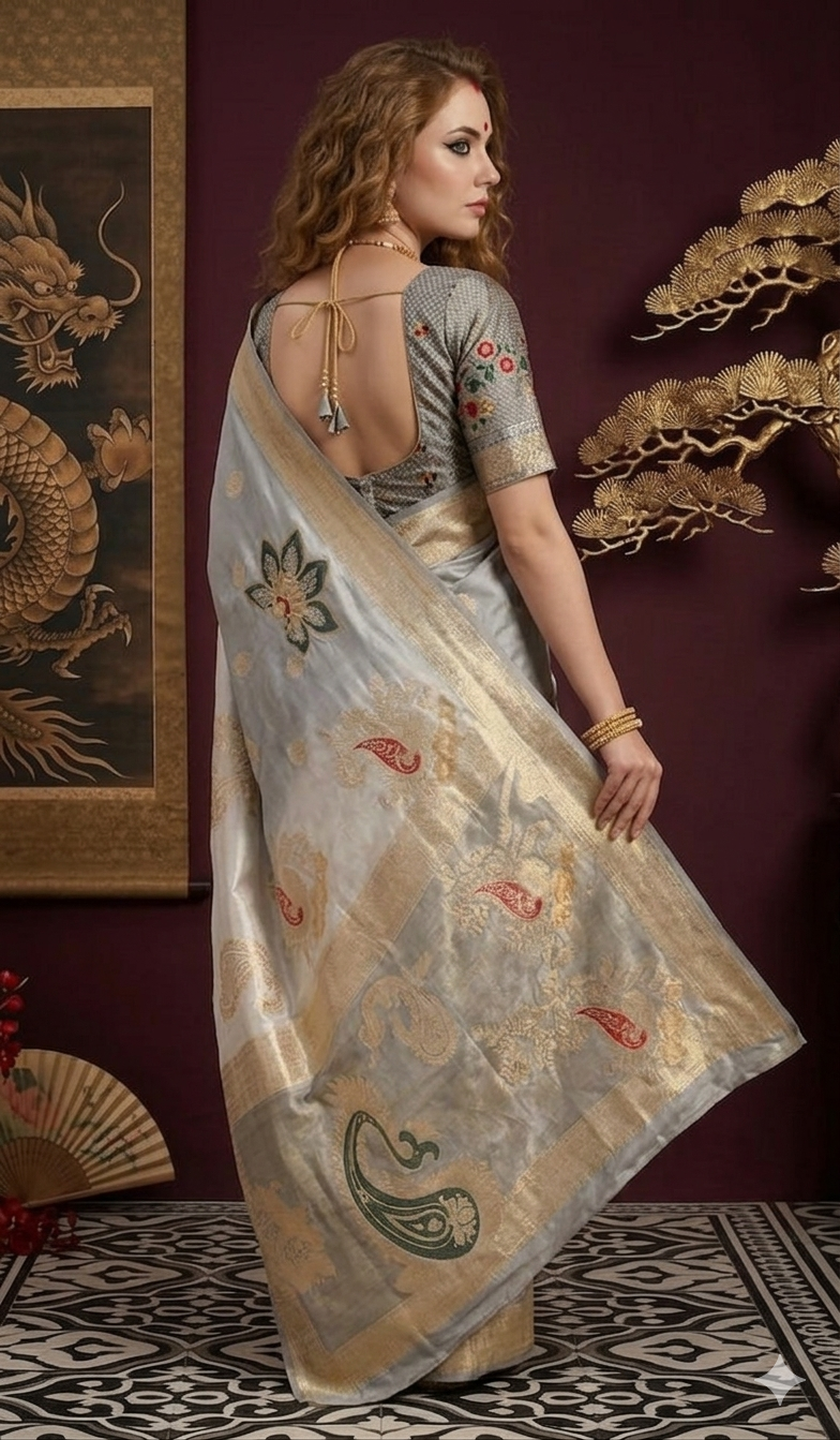 PADMINI 3751 - Viscose Jacquard Silk Saree With RTW Blouse (Grey) - View 3