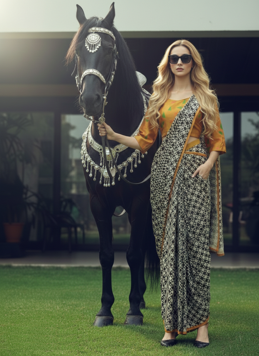 3ISO-08 - Rtw Saree, Stitched Blouse With Scarf (Beige) - View 7