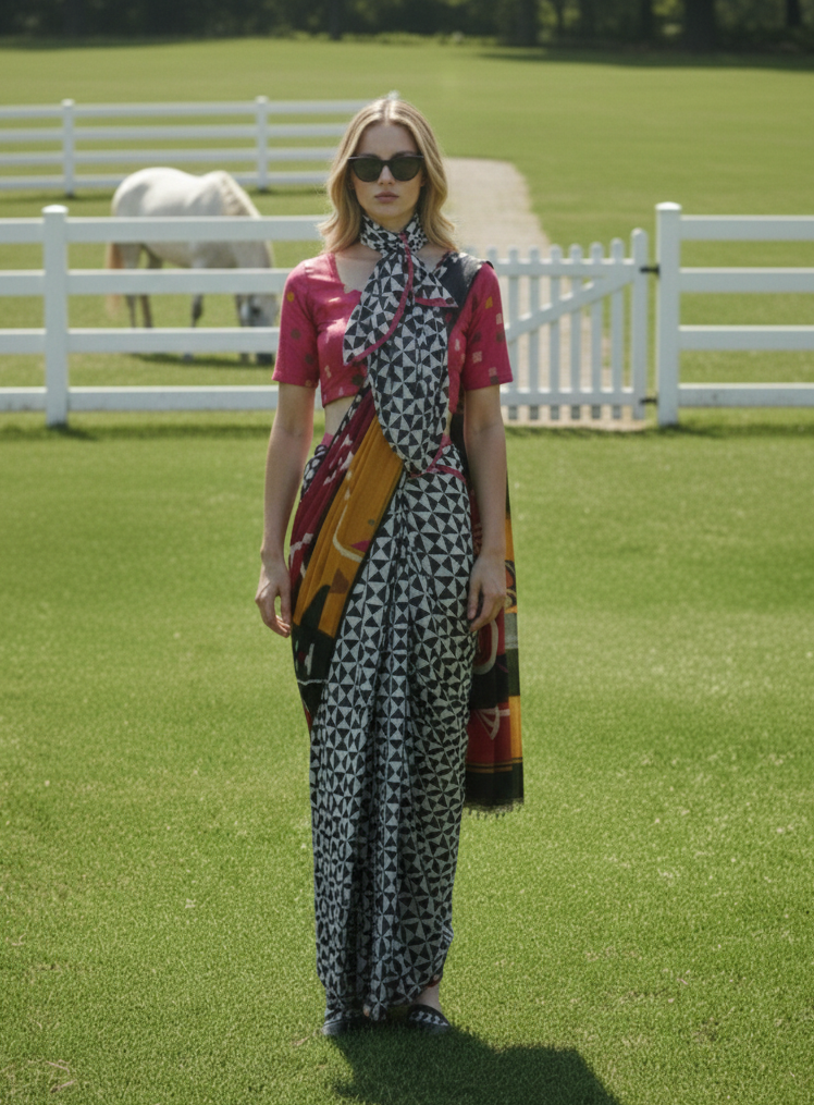3ISO-02 - Rtw Saree, Stitched Blouse With Scarf (Pink) - View 1