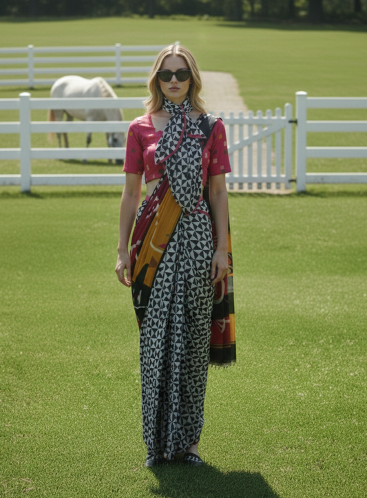 3ISO-02 - Rtw Saree, Stitched Blouse With Scarf (Pink) - View 1