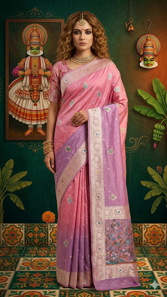 MINAXI 3704 - Viscose Jacquard Silk Saree With RTW Blouse (Pink) - View 1