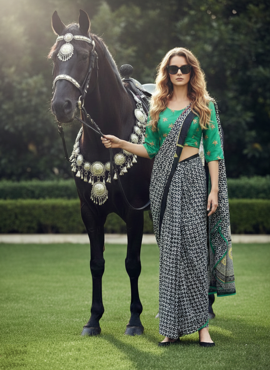 3ISO-06 - Rtw Saree, Stitched Blouse With Scarf (Green) - View 3