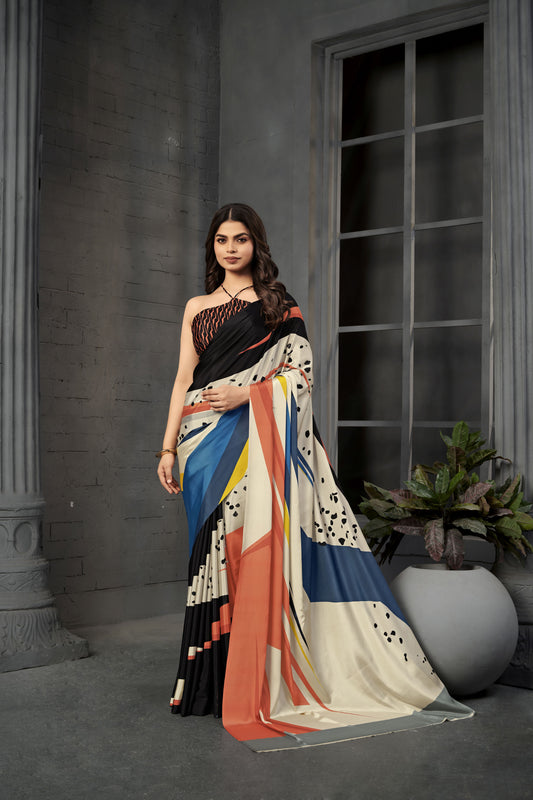 serene 804 - Women's Malai Silk Crepe Digital Print Saree (Multicolor) - View 1