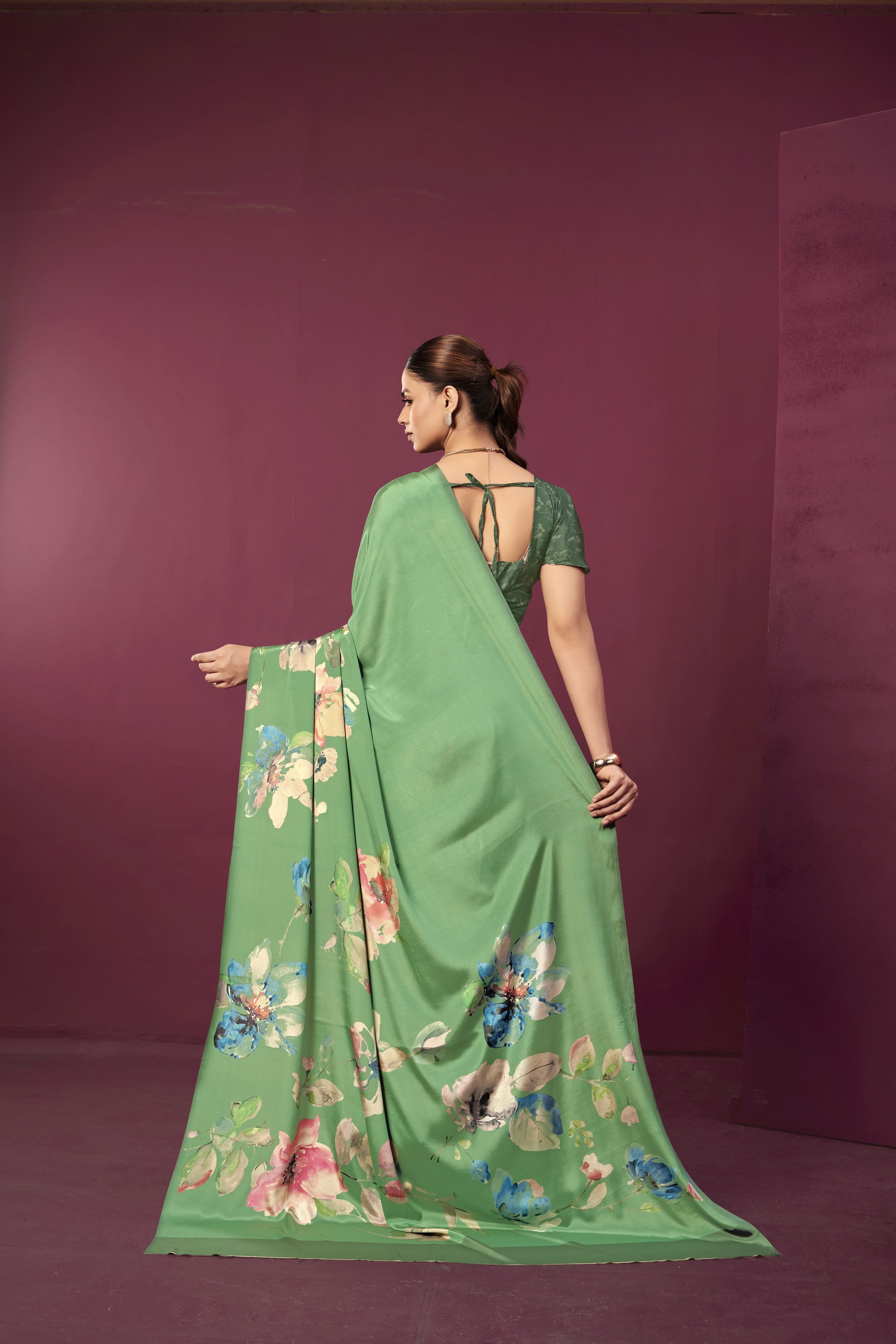 RTWPAULA 907 - Premium Digital Print Rtw Saree, Stitched Blouse With Scarf Crepe Silk Saree (Green) - View 4