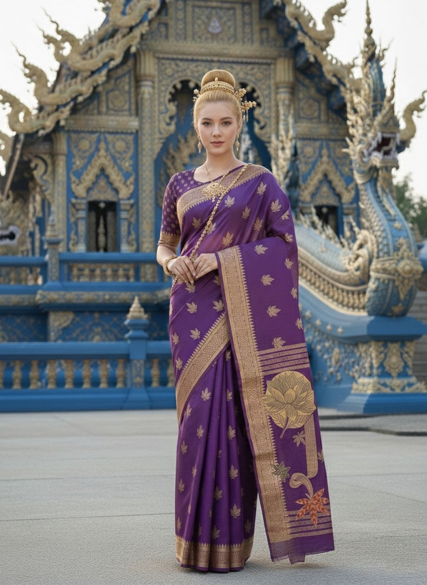 ETHNIC HISO-4 - Ready To Wear Jacquard Silk Saree And Ready To Wear Blouse With Cup (Purple) - View 1