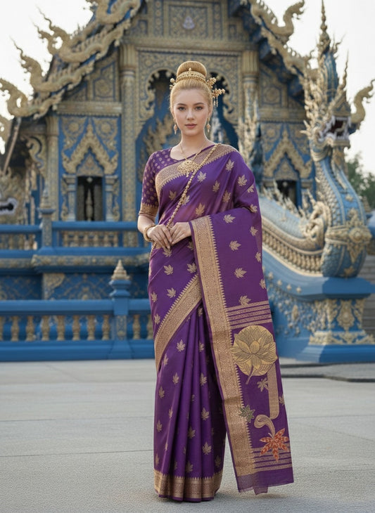 ETHNIC HISO-4 - Ready To Wear Jacquard Silk Saree And Ready To Wear Blouse With Cup (Purple) - View 1