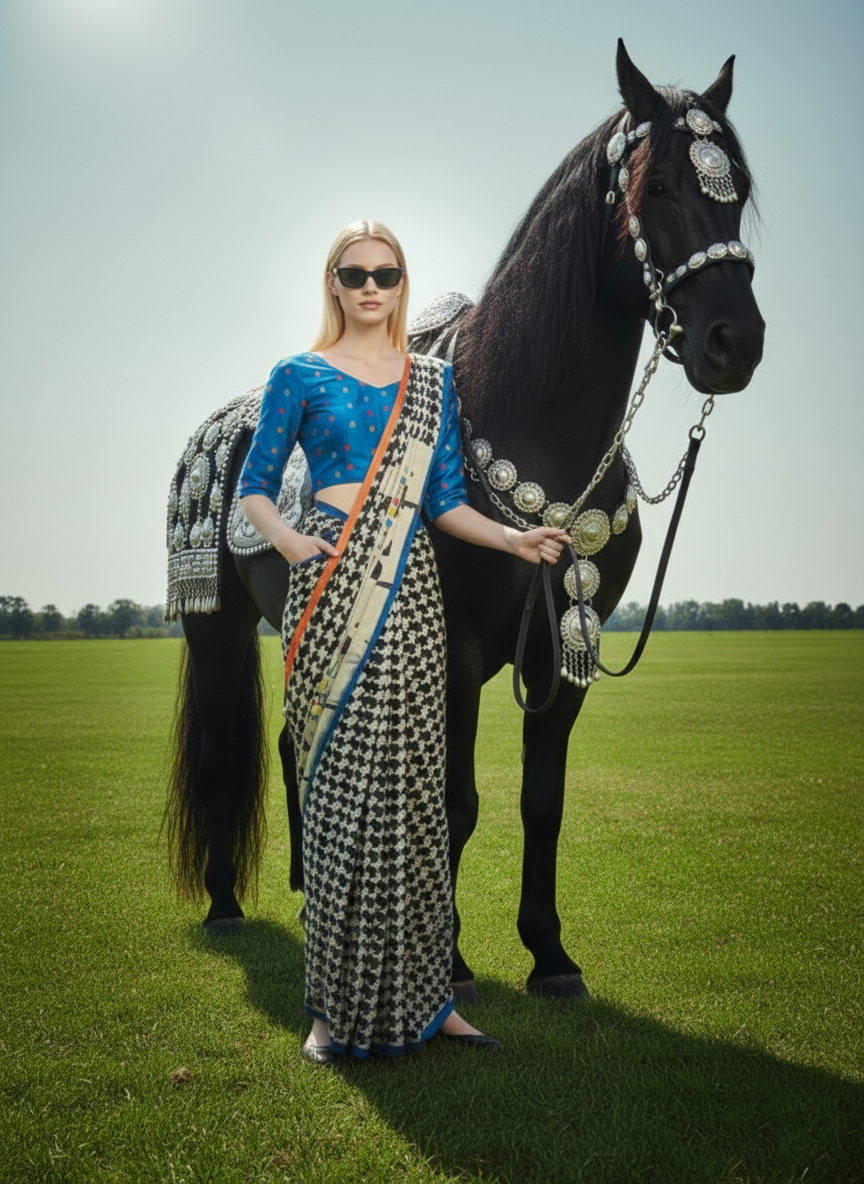 3ISO-07 - Rtw Saree, Stitched Blouse With Scarf (Blue) - View 4