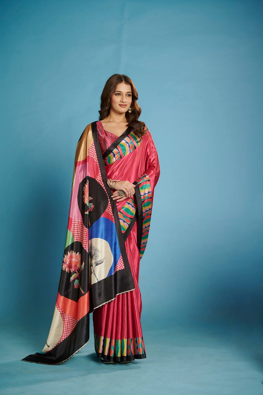 RTWKRYSTAL 1107 - Premium Digital Print Rtw Saree, Stitched Blouse With Scarf Crepe Silk Saree (Pink) - View 2