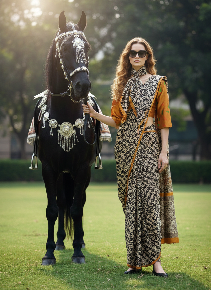 3ISO-08 - Rtw Saree, Stitched Blouse With Scarf (Beige) - View 6