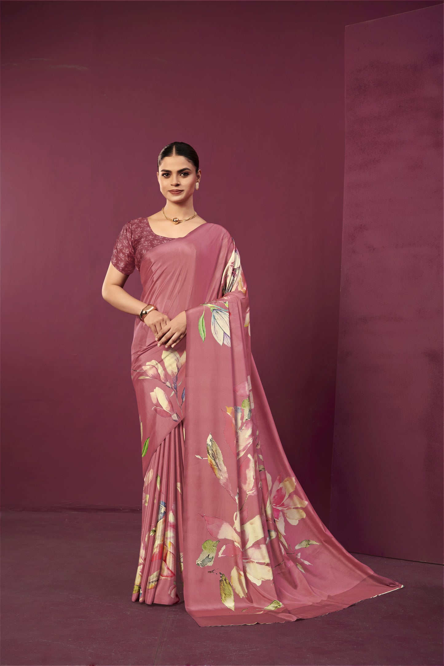 RTWPAULA 901 - Premium Digital Print Rtw Saree, Stitched Blouse With Scarf Crepe Silk Saree (Pink) - View 1