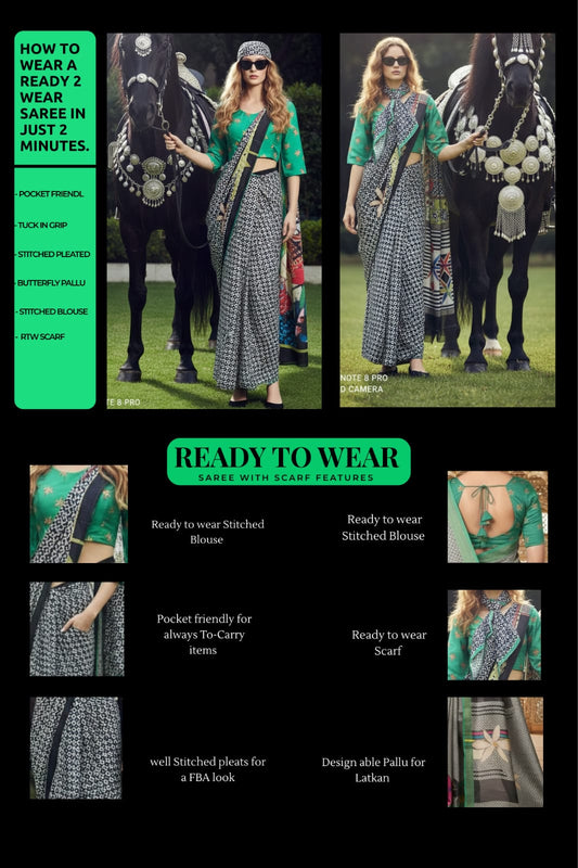 3ISO-06 - Rtw Saree, Stitched Blouse With Scarf (Green) - View 2