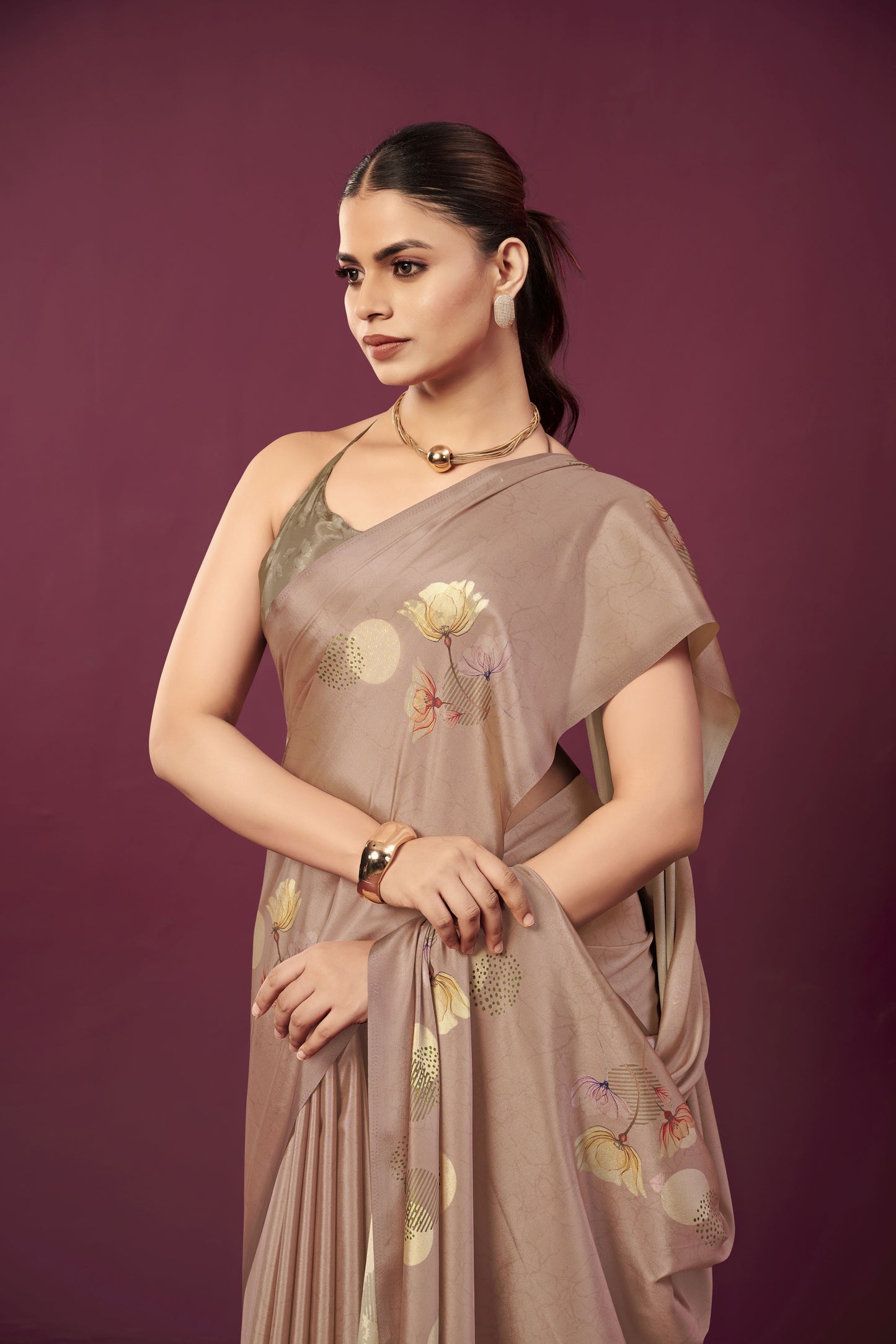 RTWPAULA 908 - Premium Digital Print Rtw Saree, Stitched Blouse With Scarf Crepe Silk Saree (Beige) - View 2