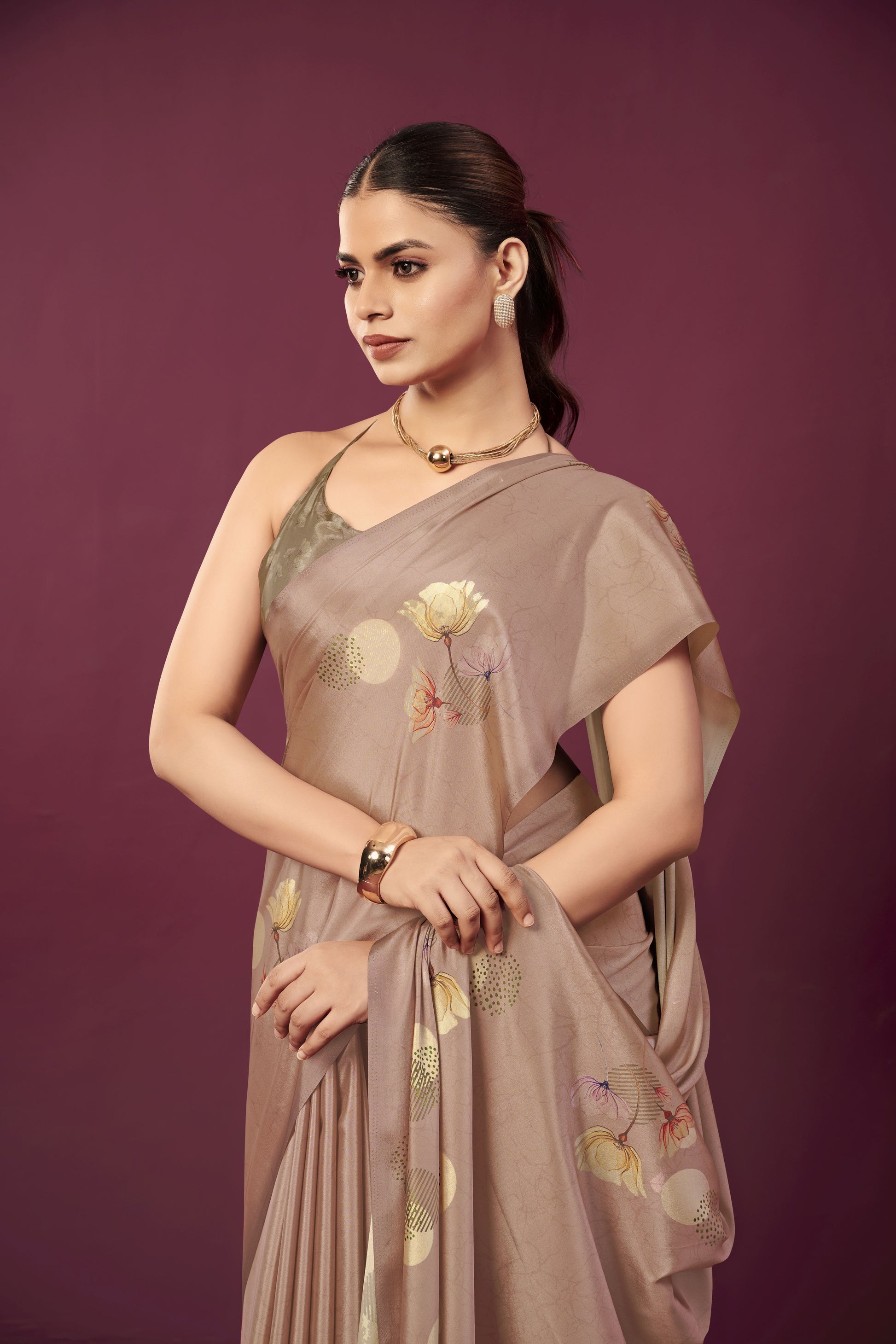 RTWPAULA 908 - Premium Digital Print Rtw Saree, Stitched Blouse With Scarf Crepe Silk Saree (Beige) - View 2