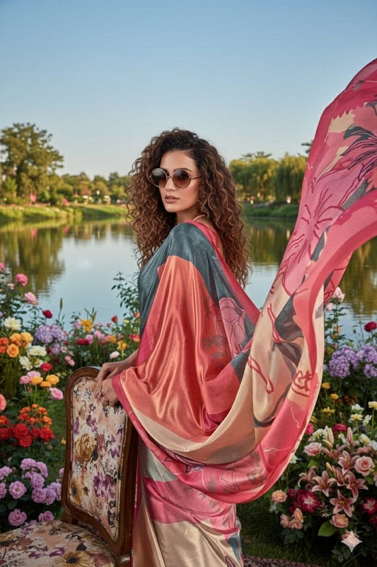 mirror1601 - Women's Malai Silk Crepe Digital Print Saree (Red) - View 1