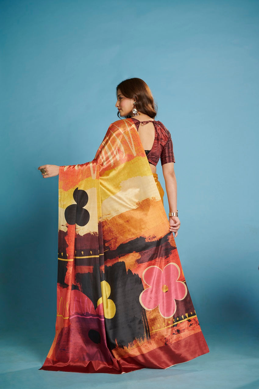 RTWKRYSTAL 1108 - Premium Digital Print Rtw Saree, Stitched Blouse With Scarf Crepe Silk Saree (Yellow) - View 4