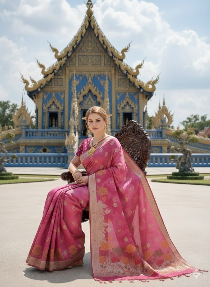 ETHNIC HISO-6 - Ready To Wear Jacquard Silk Saree And Ready To Wear Blouse With Cup (Pink) - View 4