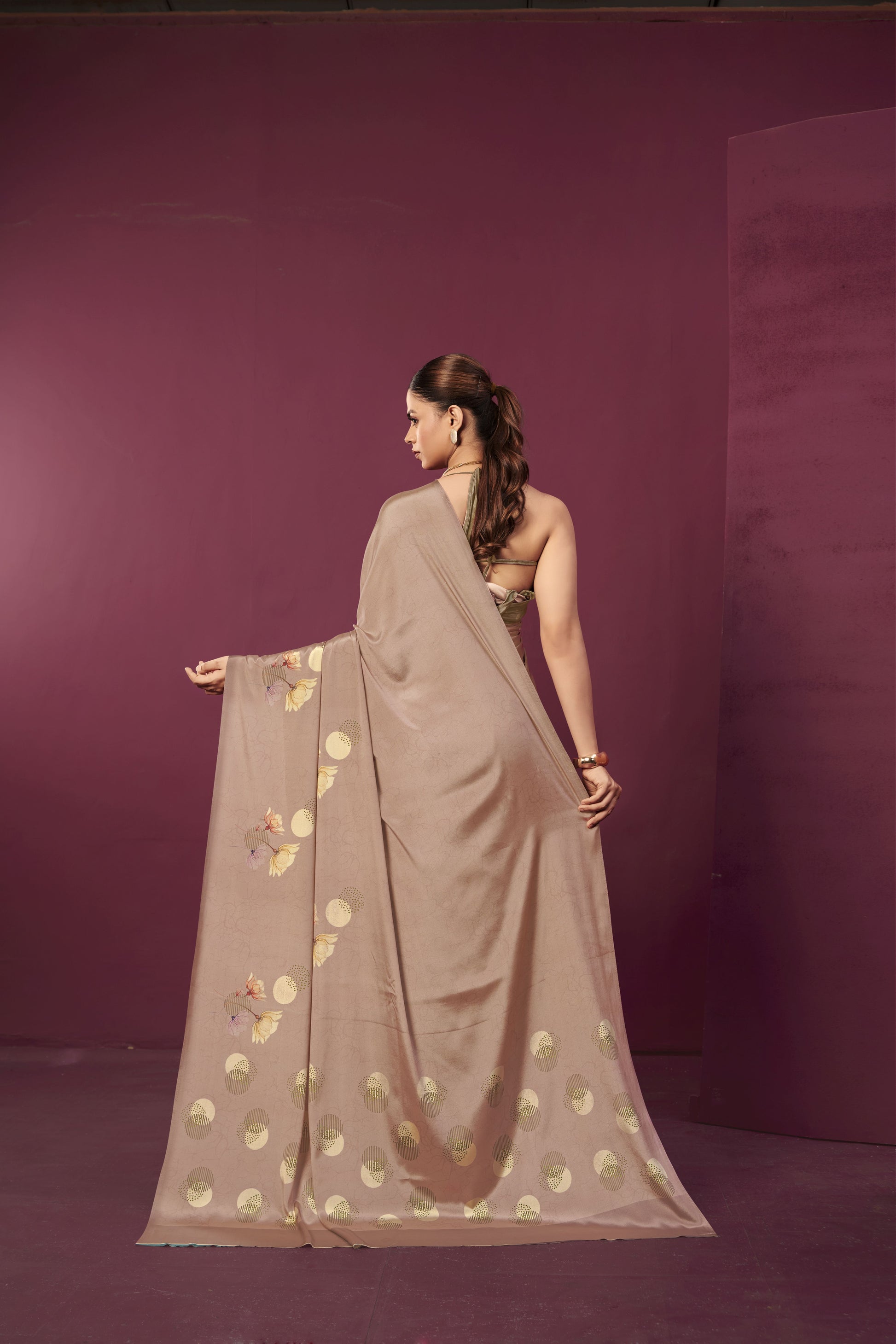 RTWPAULA 908 - Premium Digital Print Rtw Saree, Stitched Blouse With Scarf Crepe Silk Saree (Beige) - View 4