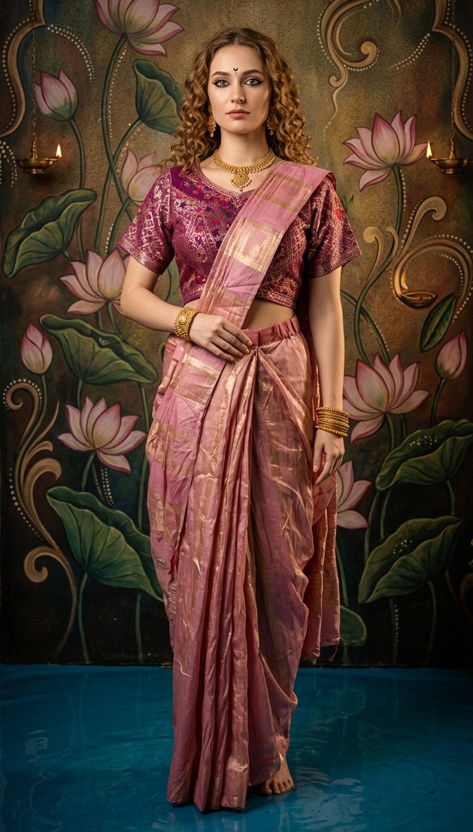 Batik Hiso 3404 - Ready To Wear Viscose Jacquard Saree Silk Saree And Ready To Wear Blouse With Cup (Pink) - View 1