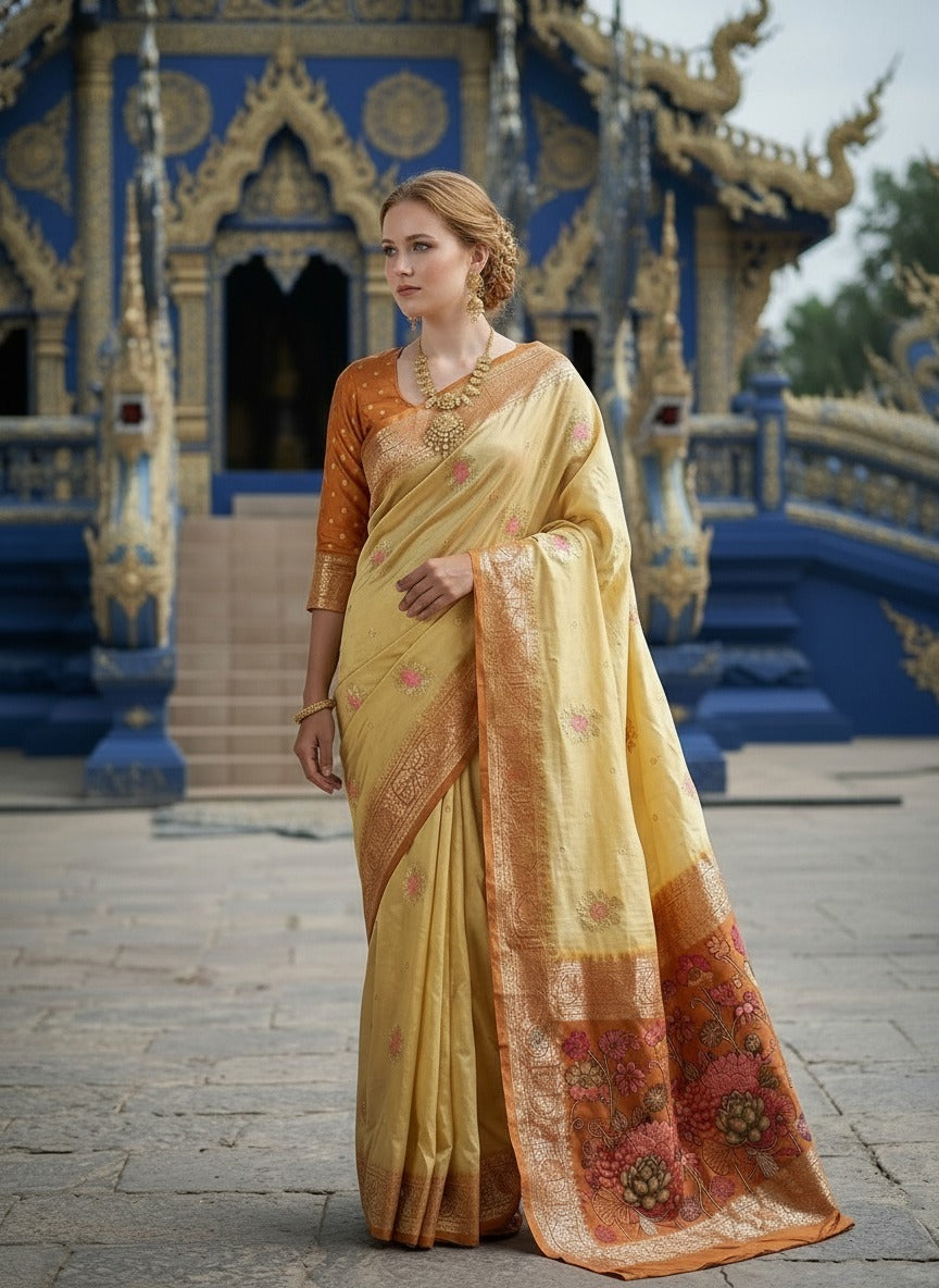 ETHNIC HISO-8 - Ready To Wear Jacquard Silk Saree And Ready To Wear Blouse With Cup (Beige) - View 1