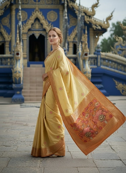 ETHNIC HISO-8 - Ready To Wear Jacquard Silk Saree And Ready To Wear Blouse With Cup (Beige) - View 2