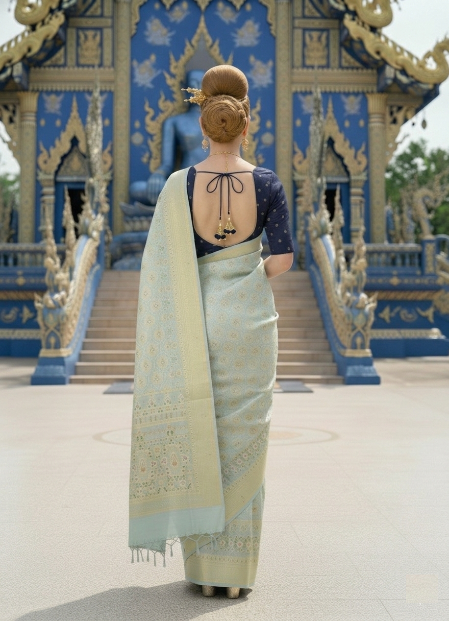 ETHNIC HISO-3 - Ready To Wear Jacquard Silk Saree And Ready To Wear Blouse With Cup (Blue) - View 3