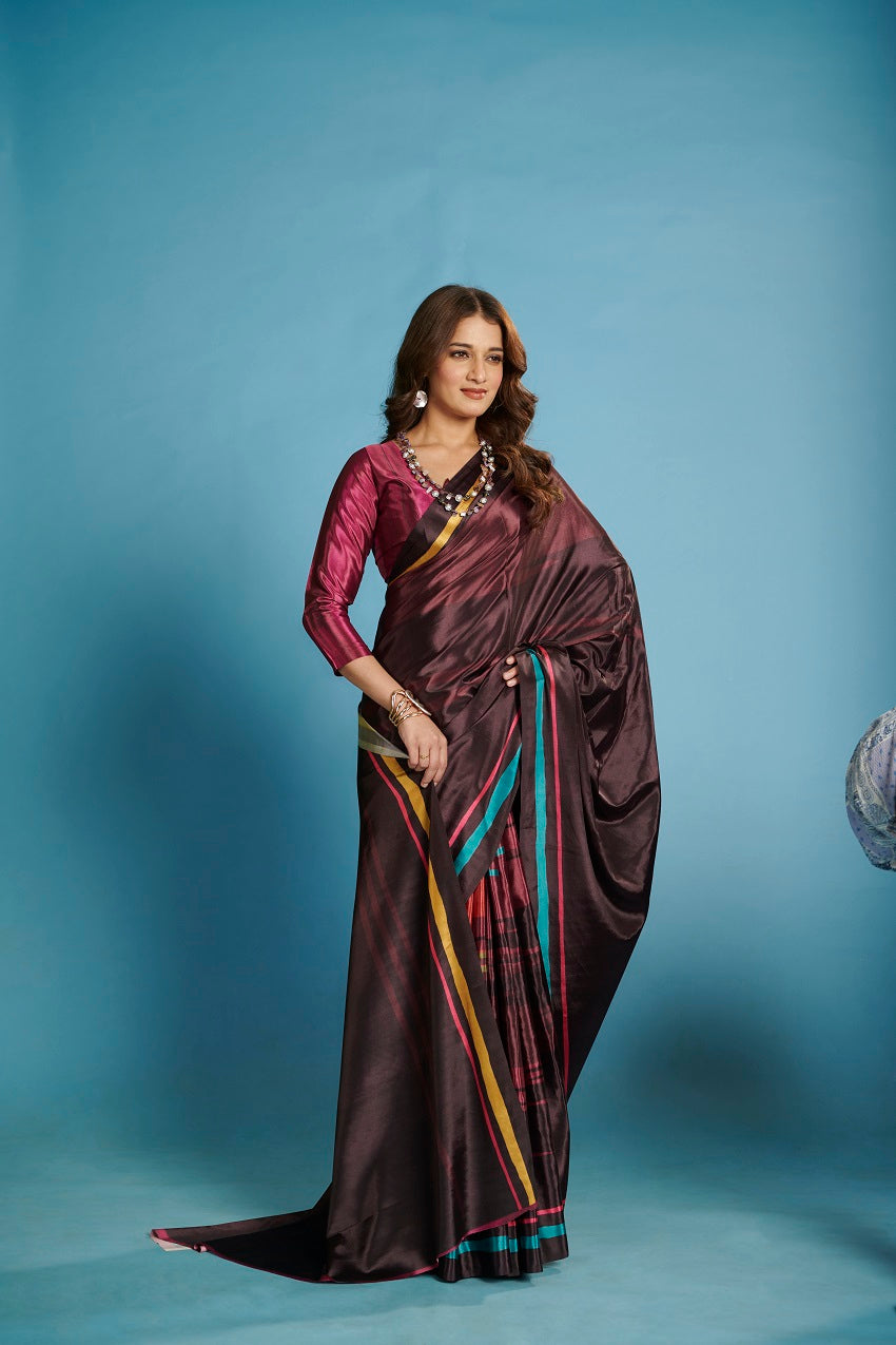 RTWKRYSTAL 1104 - Premium Digital Print Rtw Saree, Stitched Blouse With Scarf Crepe Silk Saree (Wine) - View 2
