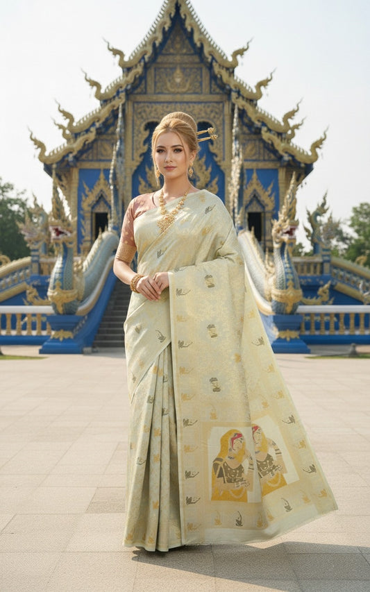 ETHNIC HISO-7 - Ready To Wear Jacquard Silk Saree And Ready To Wear Blouse With Cup (Green) - View 1