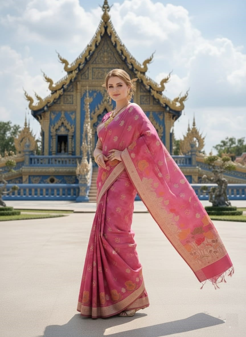 ETHNIC HISO-6 - Ready To Wear Jacquard Silk Saree And Ready To Wear Blouse With Cup (Pink) - View 2