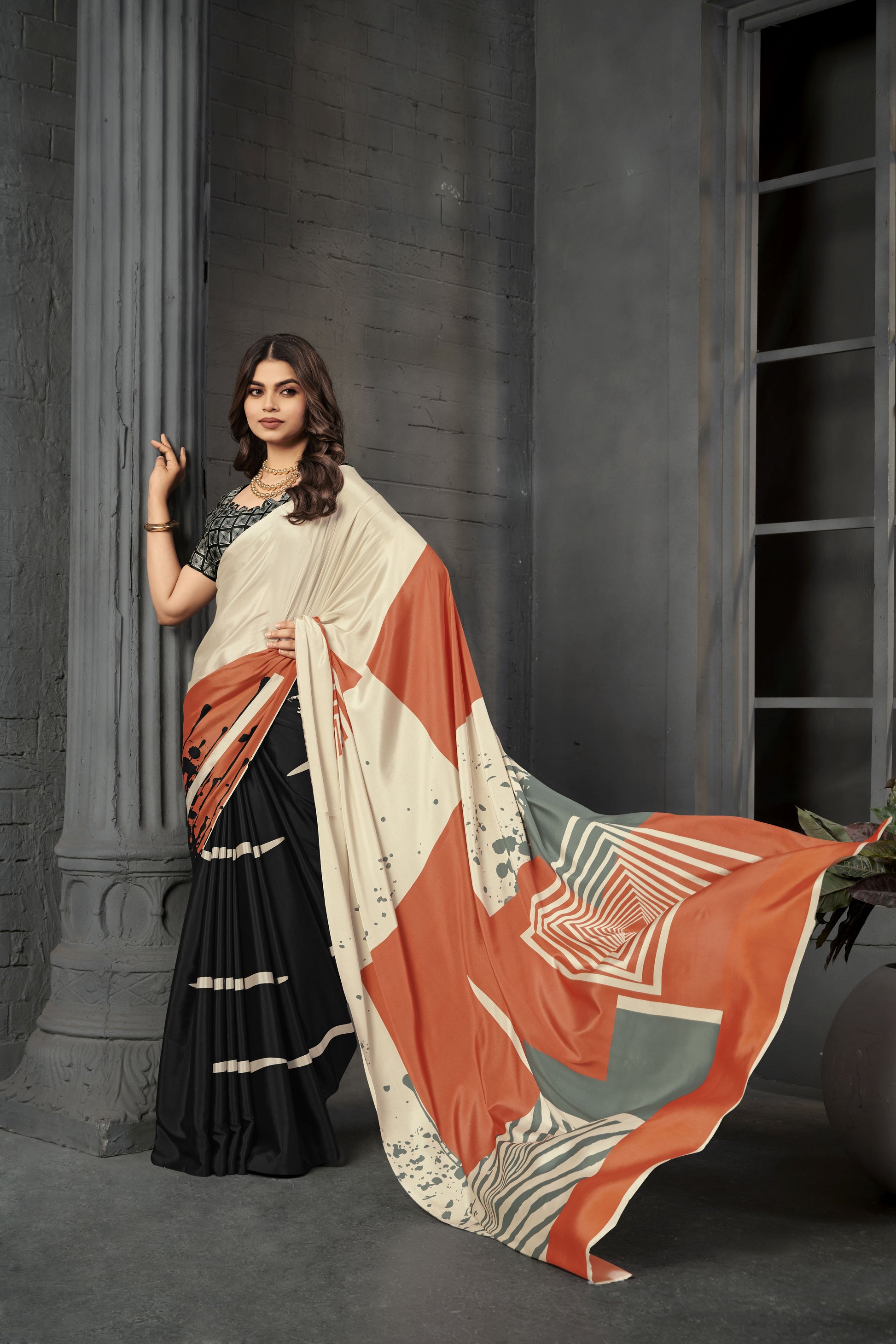 RTWSERENE 809 - Premium Digital Print Rtw Saree, Stitched Blouse With Scarf Crepe Silk Saree (Multicolor) - View 4