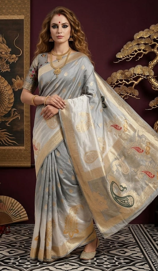 PADMINI 3751 - Viscose Jacquard Silk Saree With RTW Blouse (Grey) - View 1