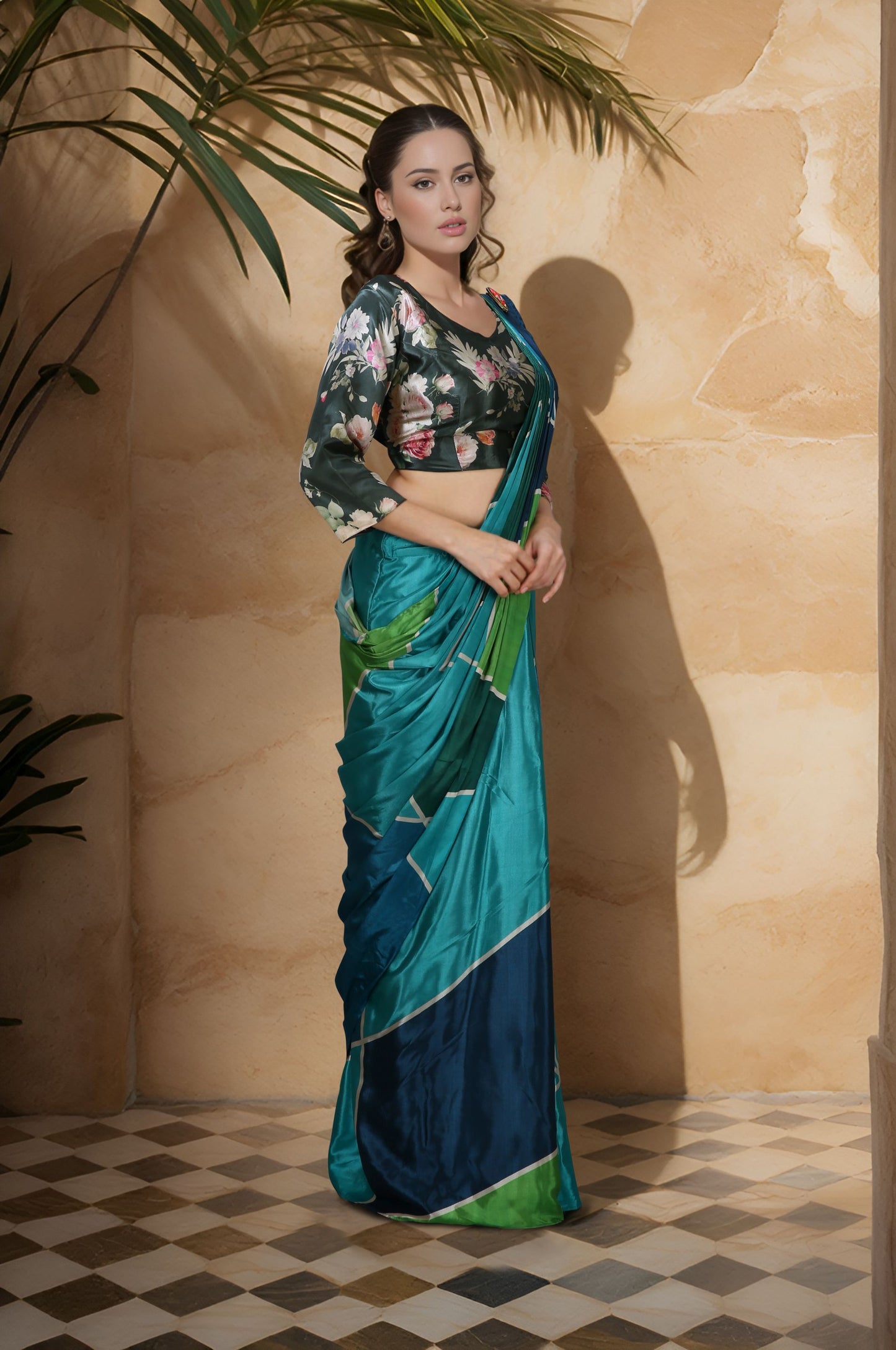 HISO4 - Rtw Saree And Stitched Blouse (Green) - View 3