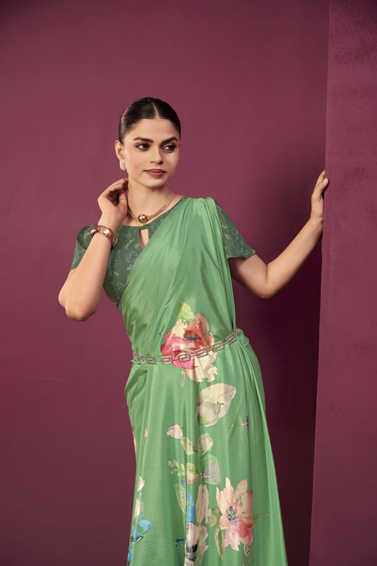 RTWPAULA 907 - Premium Digital Print Rtw Saree, Stitched Blouse With Scarf Crepe Silk Saree (Green) - View 2