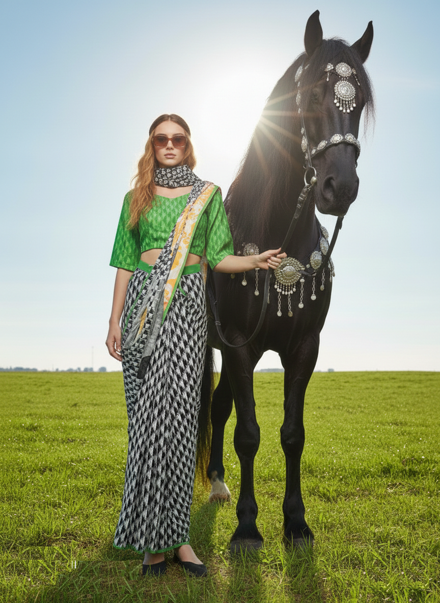 ETHNIC HISO-10 - Ready To Wear Jacquard Silk Saree And Ready To Wear Blouse With Cup (Green) - View 4