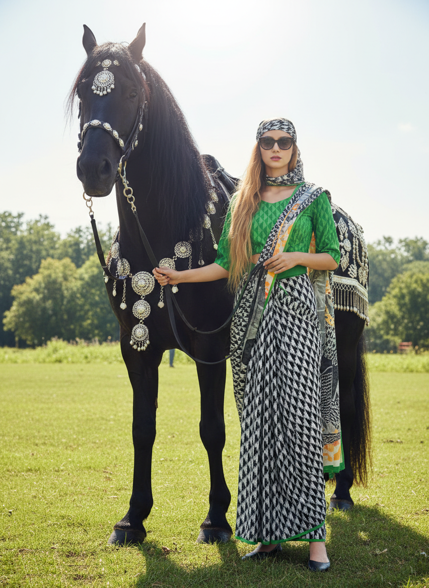 3ISO-10 - Rtw Saree, Stitched Blouse With Scarf (Green) - View 5