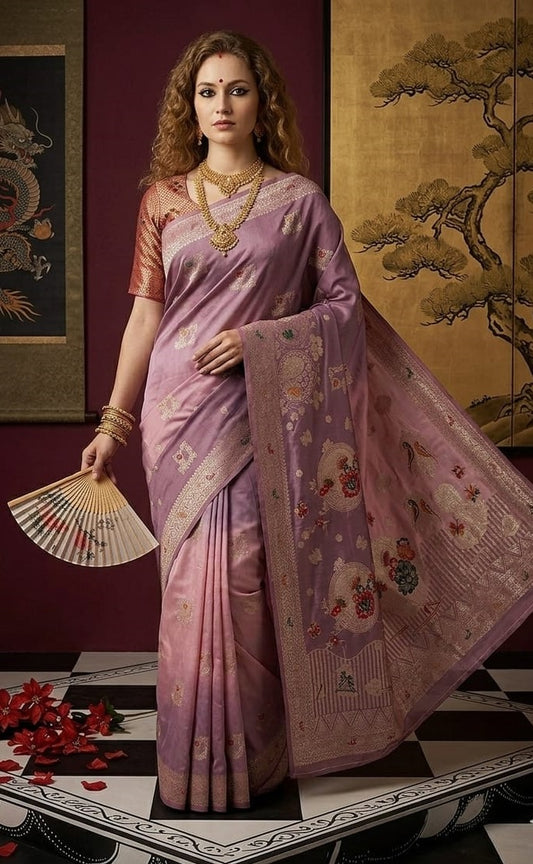 PADMINI 3752 - Viscose Jacquard Silk Saree With RTW Blouse (Wine) - View 1