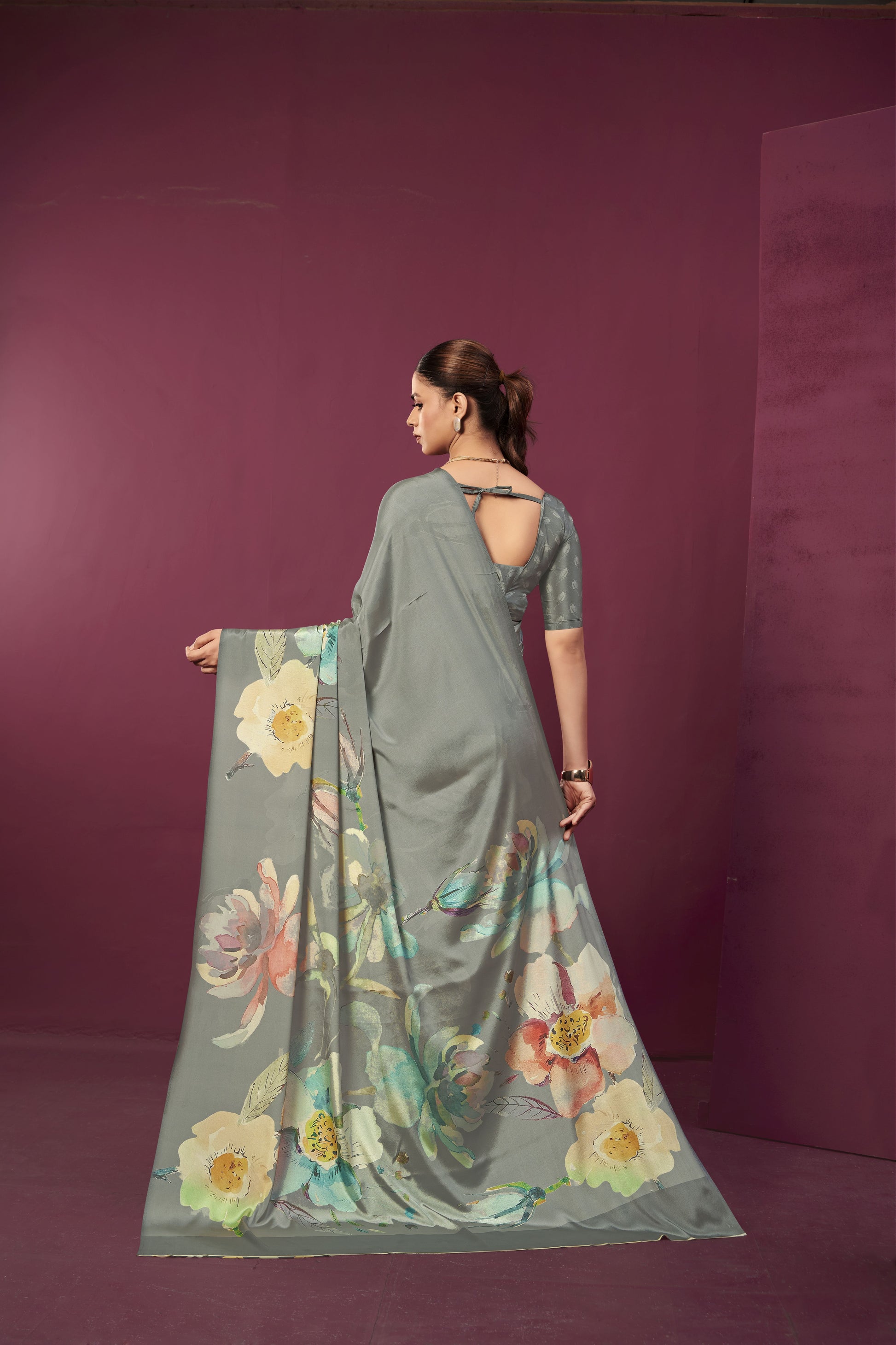 RTWPAULA 903 - Premium Digital Print Rtw Saree, Stitched Blouse With Scarf Crepe Silk Saree (Grey) - View 4