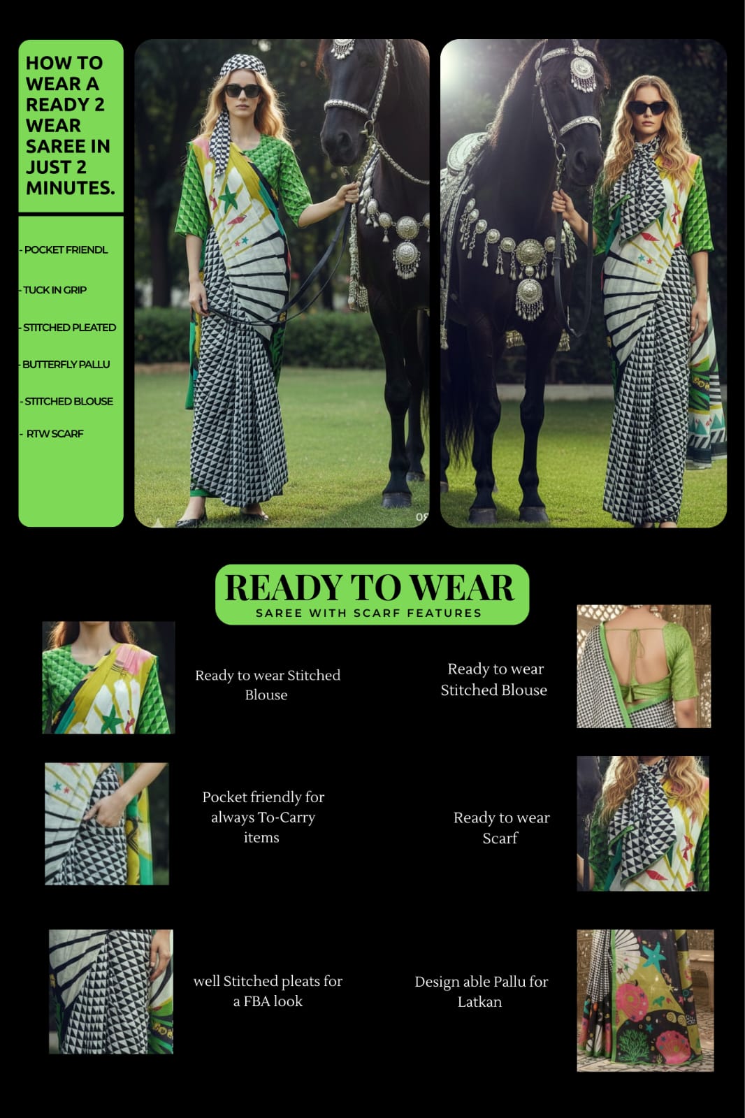 3ISO-04 - Rtw Saree, Stitched Blouse With Scarf (Green) - View 2