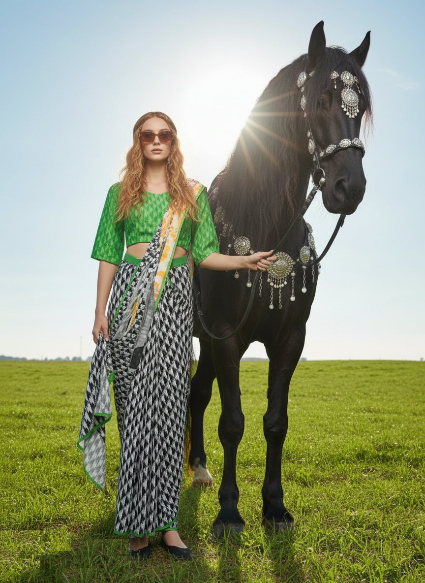 3ISO-10 - Rtw Saree, Stitched Blouse With Scarf (Green) - View 6
