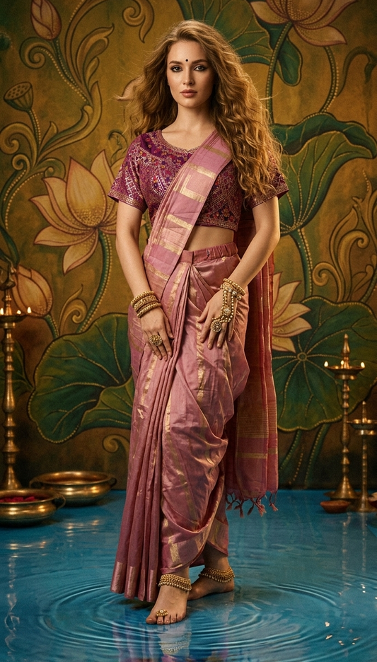 Batik Hiso 3404 - Ready To Wear Viscose Jacquard Saree Silk Saree And Ready To Wear Blouse With Cup (Pink) - View 2