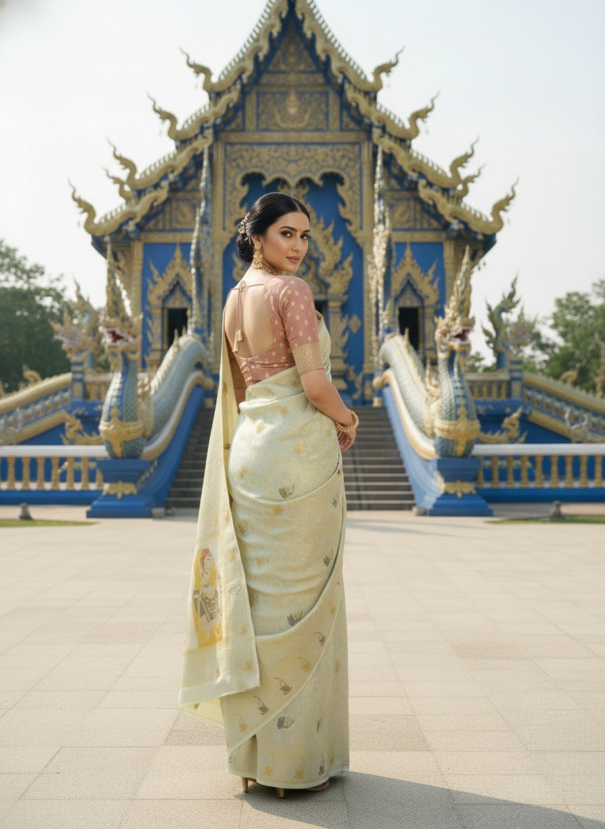ETHNIC HISO-7 - Ready To Wear Jacquard Silk Saree And Ready To Wear Blouse With Cup (Green) - View 3