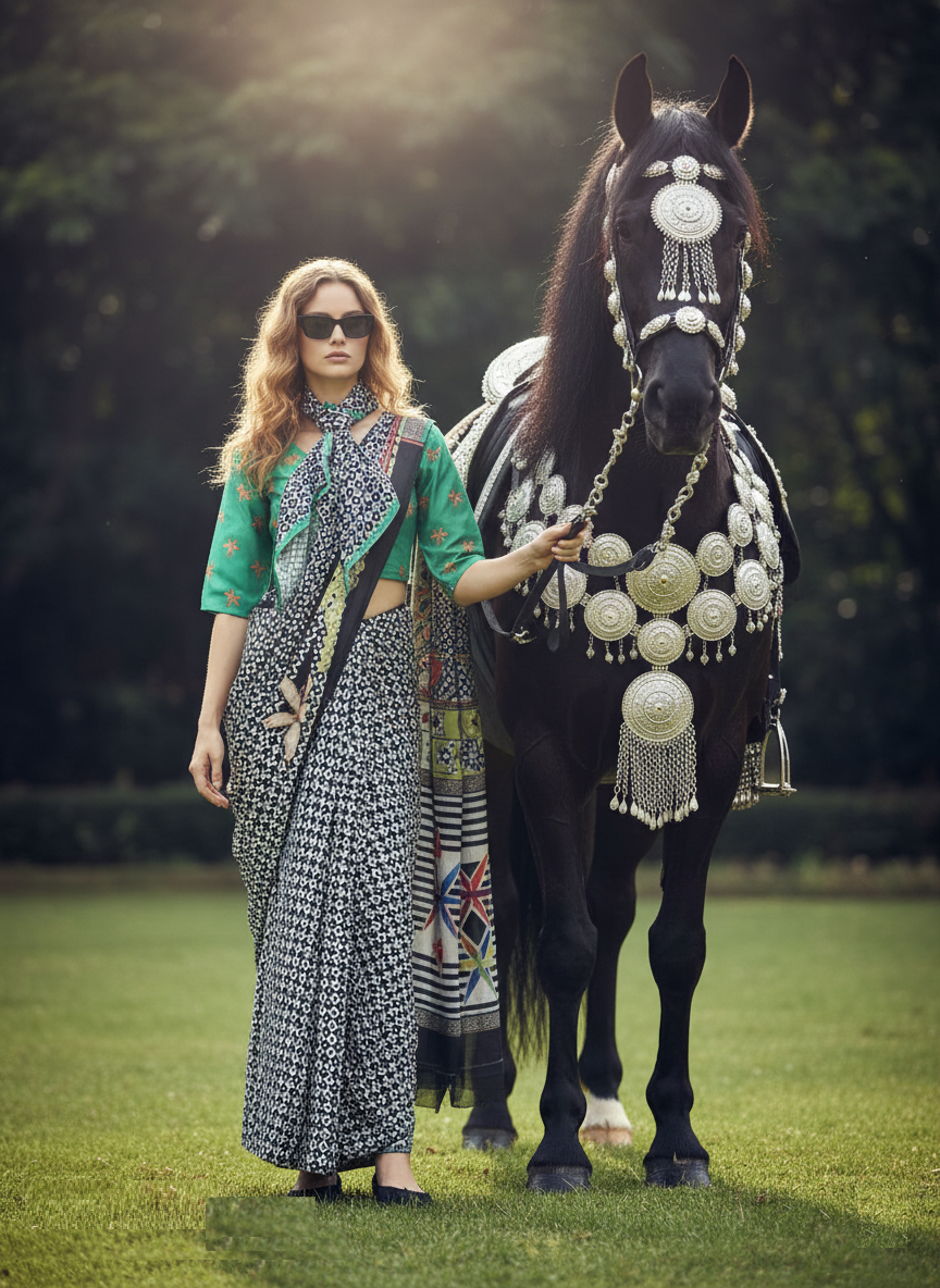 3ISO-06 - Rtw Saree, Stitched Blouse With Scarf (Green) - View 5