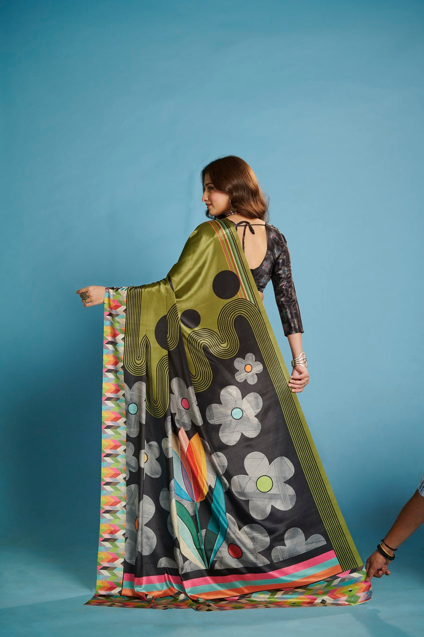RTWKRYSTAL 1105 - Premium Digital Print Rtw Saree, Stitched Blouse With Scarf Crepe Silk Saree (Green) - View 3