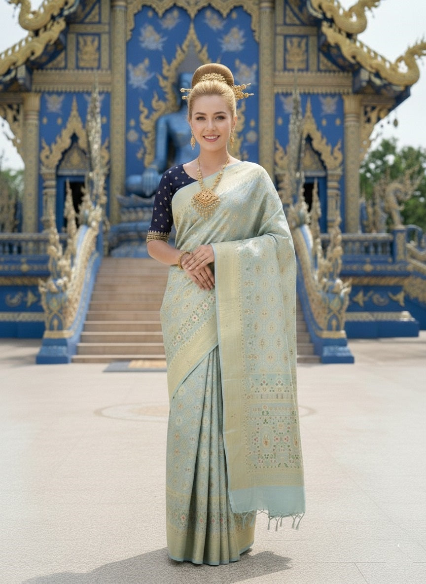 ETHNIC HISO-3 - Ready To Wear Jacquard Silk Saree And Ready To Wear Blouse With Cup (Blue) - View 1